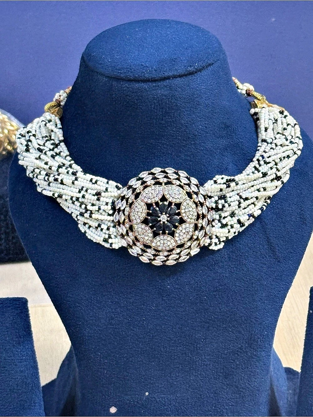 Beaded Rhinestone Statement Necklace in White & Black w beautiful white black be